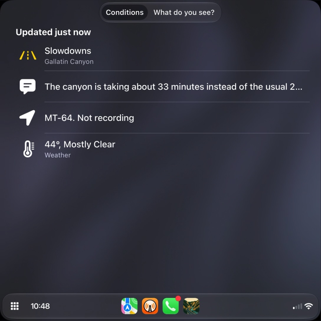 How’s the Canyon? CarPlay app in CarPlay Simulator’s 1088 × 1088 HomeView configuration