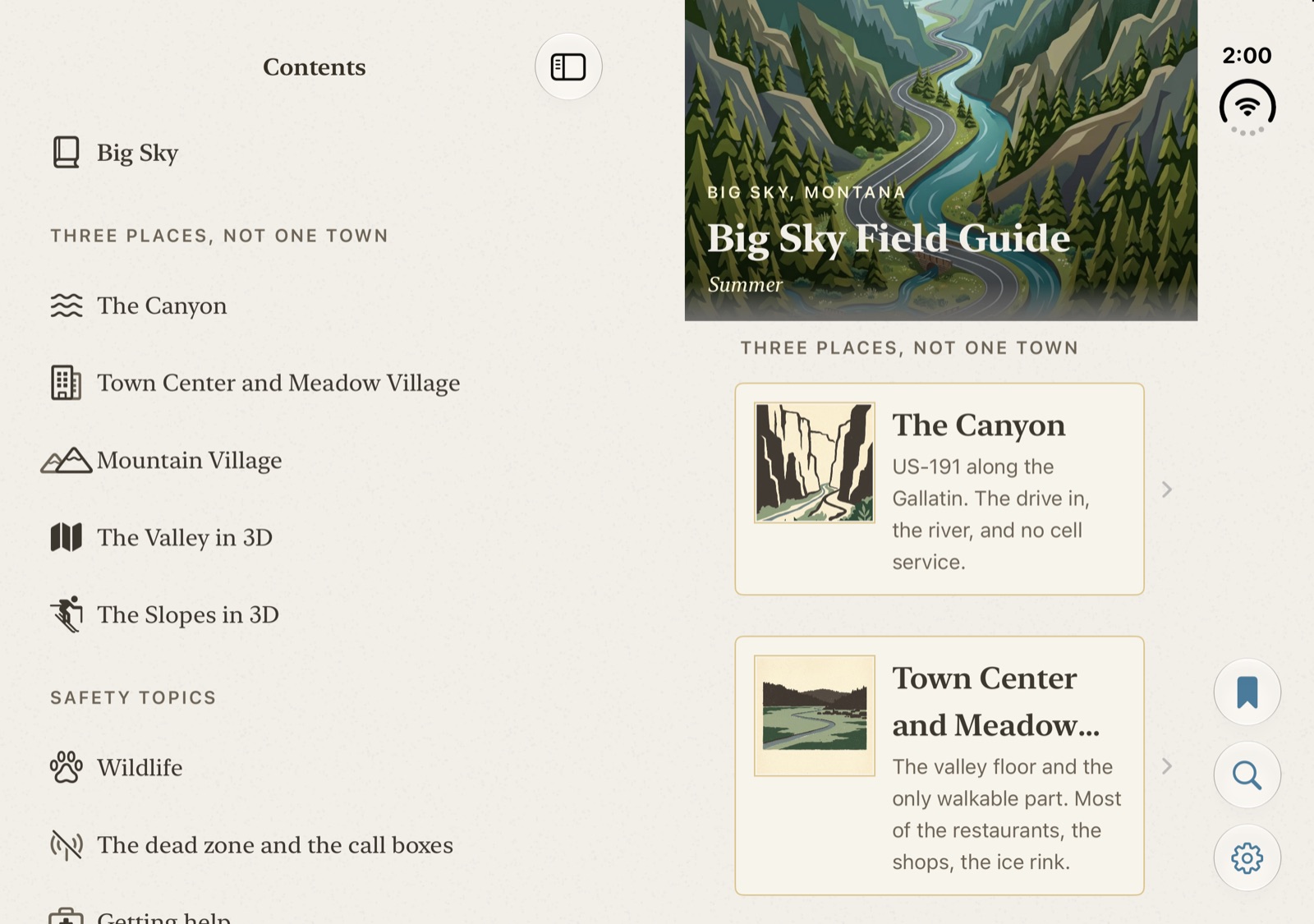 The field guide in book pose. The contents fill the left page and the entry sits on the right, split at the fold.