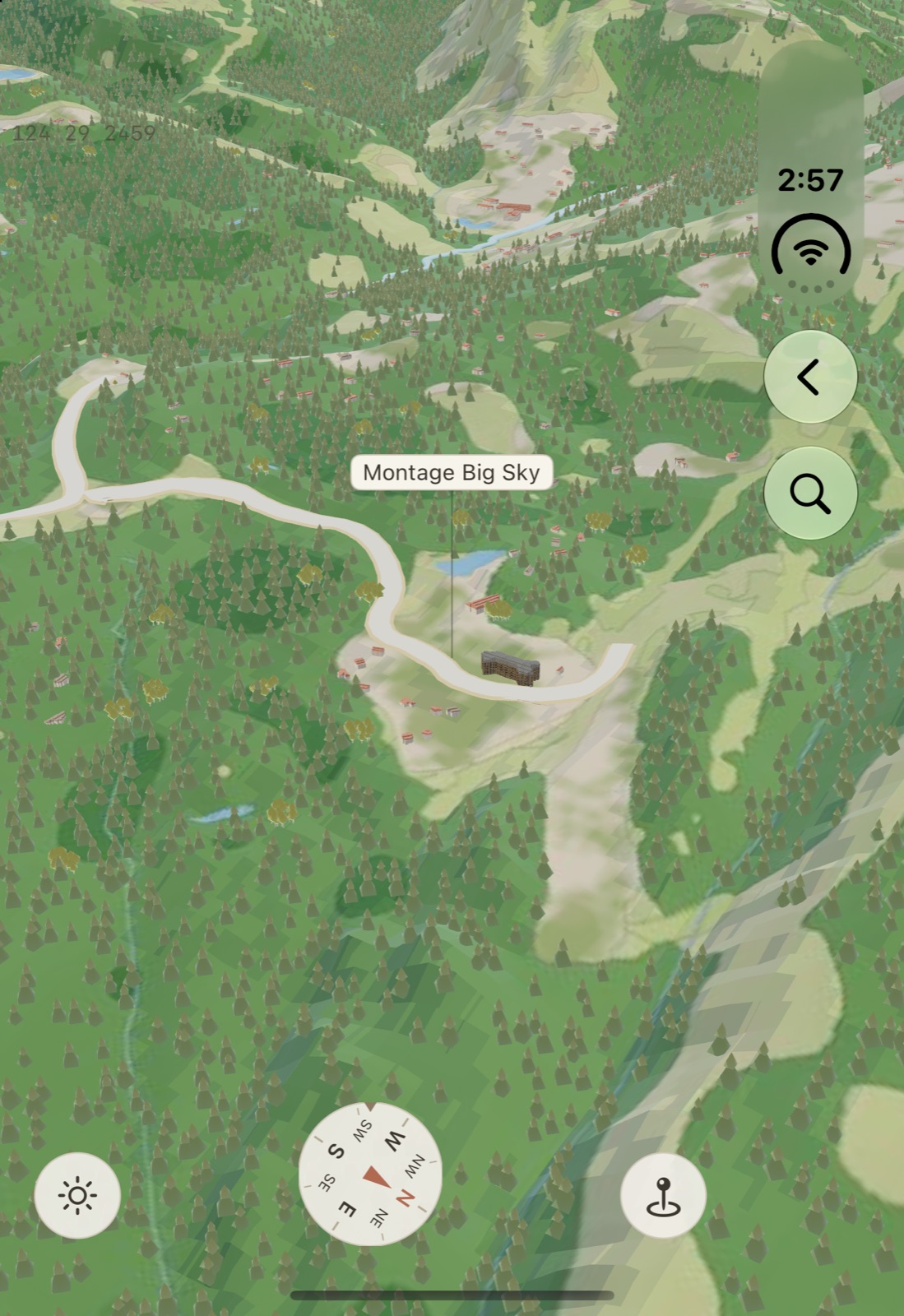 Closed, deep in the 3D valley map, zoomed in on Montage Big Sky.