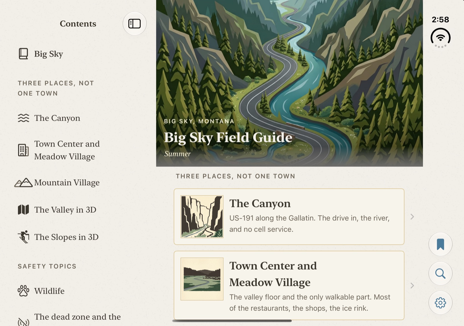 The same app, a moment later, opened: the front door of the guide. The map is gone.