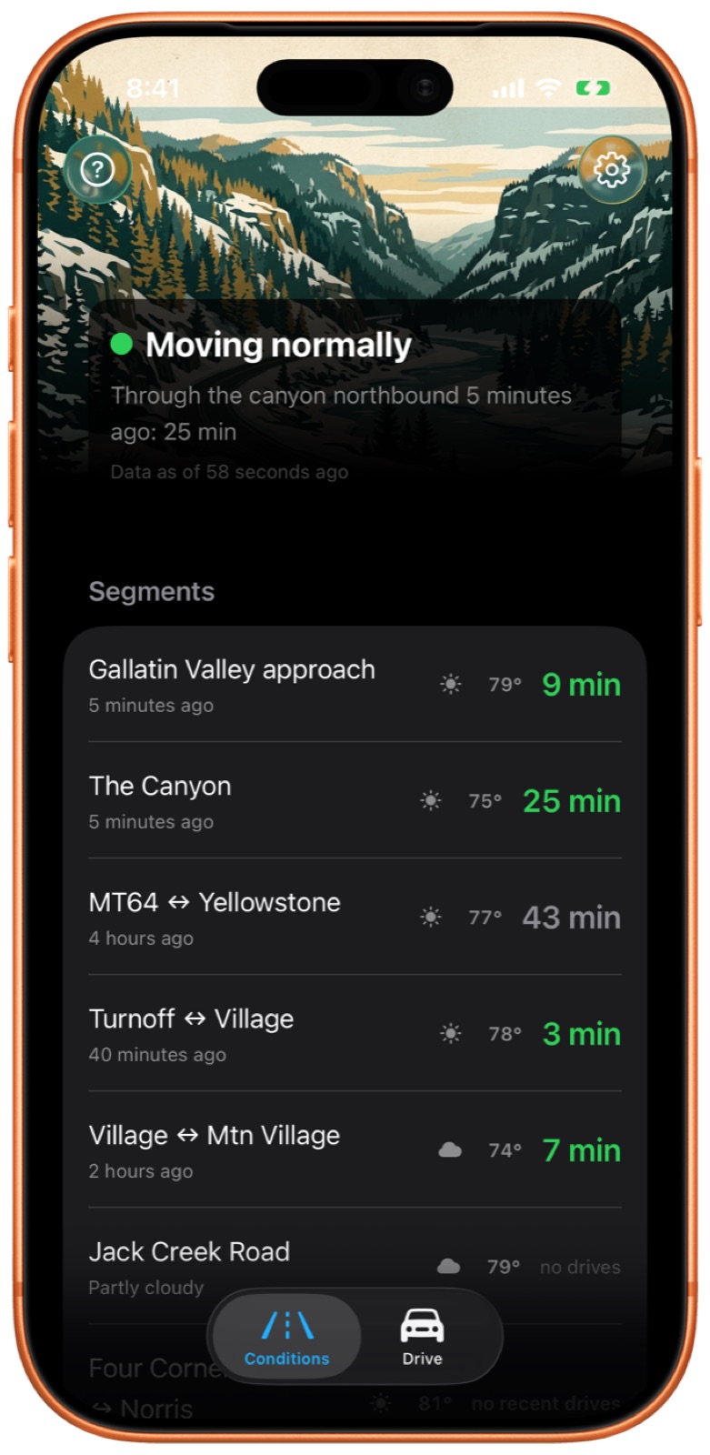 The Conditions screen with a green Moving normally headline over a list of segments, each showing its latest drive time and how long ago it was measured