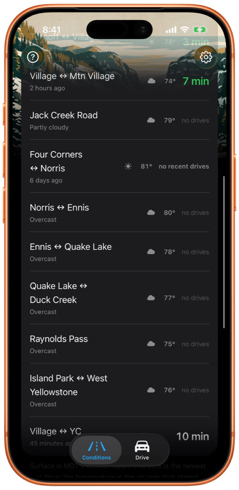 The segment list scrolled down to the Madison side roads: Four Corners to Norris, Norris to Ennis, Ennis to Quake Lake, Raynolds Pass, Island Park to West Yellowstone, most of them reading no drives